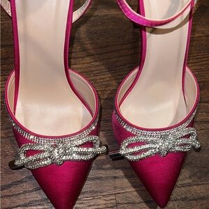 Elegant Pink Satin Women's Shoes with Rhinestone Bow